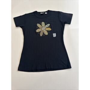 Vintage Women’s Yaga Patch Flower Tee Medium Rare Fitted Tee Shirt Black Cotton